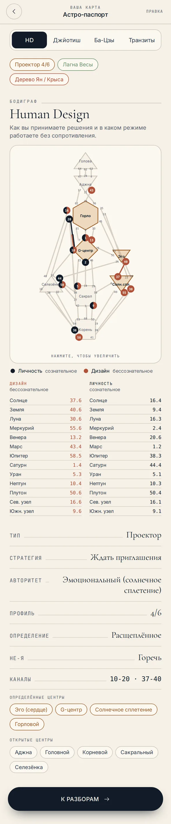 Астро-паспорт: карта по трём системам, по вкладке на Human Design, Джйотиш и Ба-Цзы, и «Транзиты» — открыт на бодиграфе Human Design